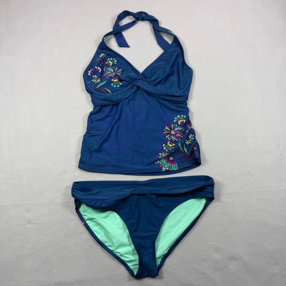 Athleta Navy Blue Floral Embroidered Tankini Set 34 D/DD Tall & Large Bottoms